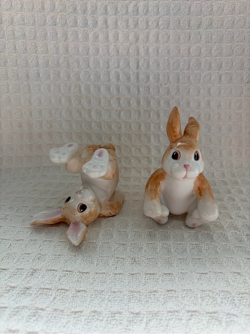 Fitz & Floyd Adorable Tumbling Bunny Brown and White Ceramic Bunny Figures
